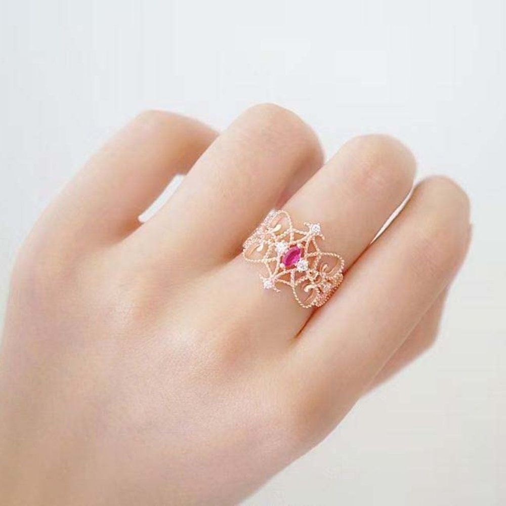 Rose Gold Vermeil Natural Pink Tourmaline Stone Ring Classic Lace Princess Ring